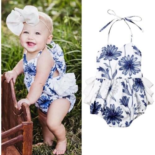 2019 Baby Girls Floral Clothes Halter Bodysuit Sleeveless Lace-up Flowers Sunsuit Baby Girl Backless Ruffles Jumpsuit 0-24M