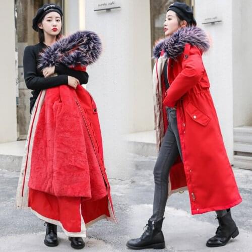 2020 Winter Warm Coat Jacket Removable Inner Lamb Big Fur Collar Hooded Long Parkas Woman Clothes Cotton Slim Overcoat Outwear