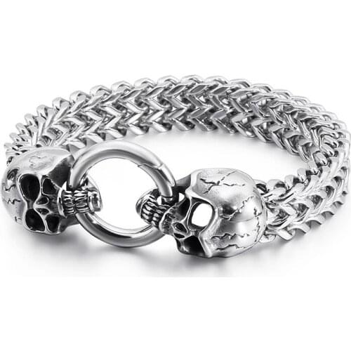 Punk Rock Shiny Stainless Steel Skull Charm Bracelet Men Silver-Color Hiphop Heavy Biker Mesh Chain Bracelets Bangle Man Jewelry