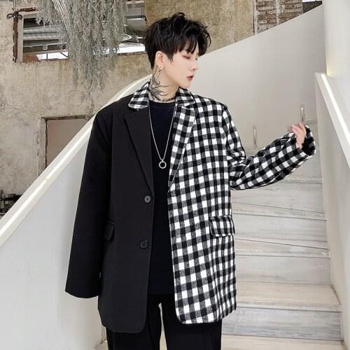 Black White Plaid Splice Blazers Men Korean Streetwear Chic Fashion Loose Casual Suit Jacket Blazer Male Vintage Suit Coat Man
