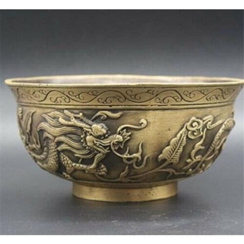 Big 13.5cm Copper Statue Exquisite Chinese Old Brass Hand-Carved Zodiac Animal Dragons Bowl Craft Statue
