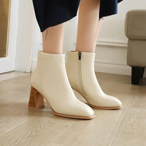 Ladies Nude Boots Autumn Winter Square High Heel Female Side Zipper Fashion Square Toe Short Tube Womens Shoes
