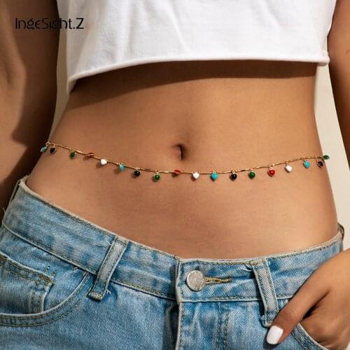 IngeSight.Z Bohemian Colorful Small Cute Love Heart Tassel Pendant Belly Chain Punk Harness Waist Chain for Women Body Jewelry