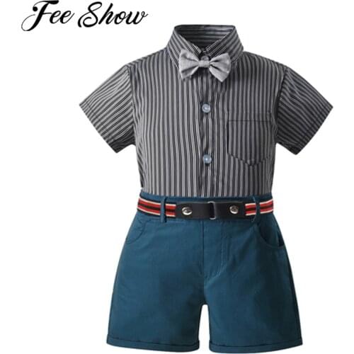 3Pcs Kids Boys Clothing Sets Short Sleeve Gentlemen Bowtie Striped Shirt Shorts Boys Wedding Suit Childrens Clothes Outfits