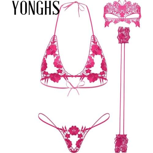 Womens Crotchless Lingerie Set Floral Embroidery Hollow Out Erotic Underwear Sleepwear Lace-up Bra G-string with Cuffs Eye-mask