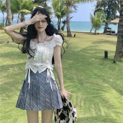 Short Shirt with Wooden Ears, Summer One-piece Suit, Design Sense, Short-sleeved Shirt, Female Plaid Pleated Skirt