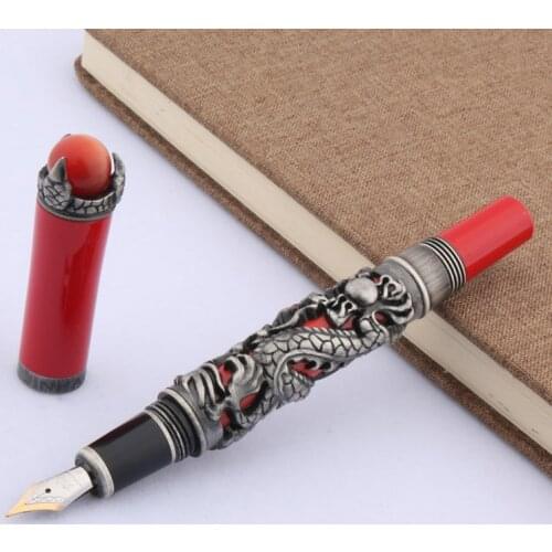 RED METAL Emboss Gun gray Chinese Gloden Dragon Painting Trim gift Fountain pen