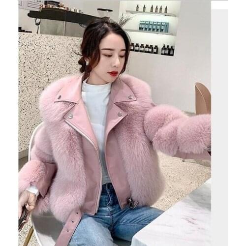 Top Fashion Luxury FAUX Fox Fur Coat Motorcycle PU Leather Turn Down Collar Warm Faux Fur Jacket Women 2021 Winter New