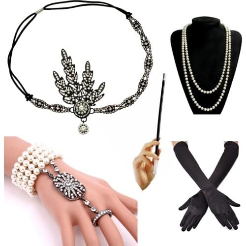 1920s Women Accessories Set 20s Flapper Great Gatsby Costume Medallion Pearl Headband Necklace Bracelet Gloves Cigarette Holder