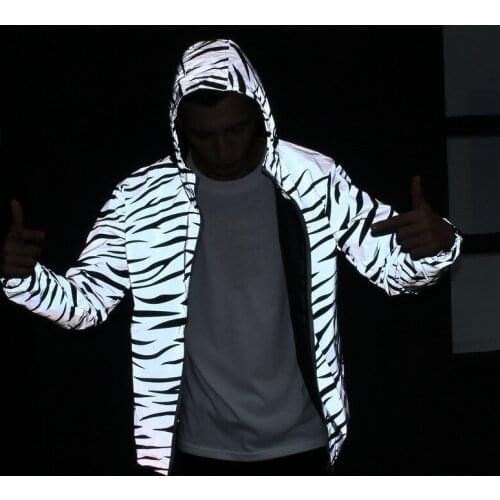 Night Shining Clothes Men Leopard 3M Reflective Hooded Zipper Windbreaker WaterproofJacket Hip Hop Streetwear Skateboard Coats