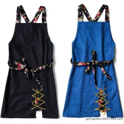 P8DE Women Pastoral Floral Strap Retro Apron Split Hem Crisscross Bandage Adjustable Long Ties Flower Shop Canvas Aprons Bib