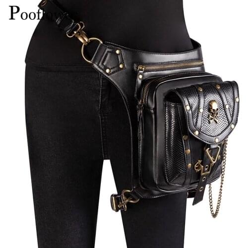 Pooflower Punk Style Men Waist Bag Vintage PU Leather Black Moto Belt Leg Bag Outdoor Running Bum Bag Women Crossbody Bag ZH089