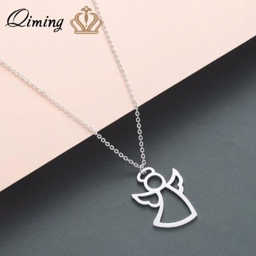 QIMING Stainless Steel Angle Baby Necklace Guardian Amulet Cute Statement Jewelry Accessories Fashion Pendant Necklaces