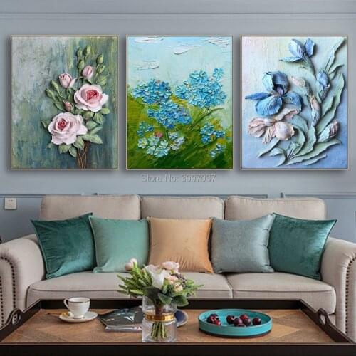 Hand Painted Artificial Thick Oil Blue Flower Oil Painting on Canvas Modern Canvas Paintings Wall Oil Pictures For Home Decor