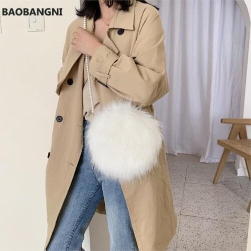White Pearl Chain Crossbody Bags For Women Faux Fur Bag Soft Round Clutch Ladies Purses and Handbags Shoulder Messenger Bag
