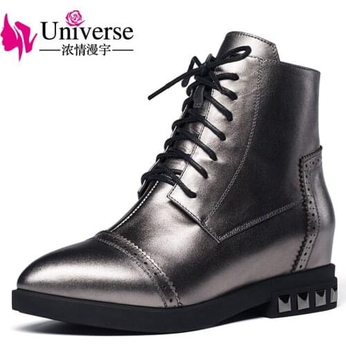 Universe lace up ankle boots cow leather warm plush insole low heels pointed toe ladies black winter boots women shoes E214