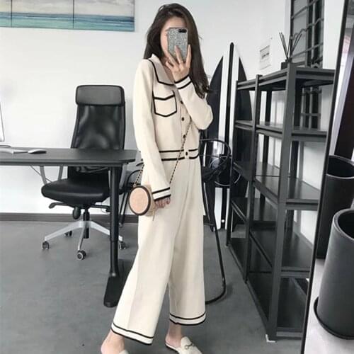 High Quality Autumn Knitted 2 Piece Set Women Sweaters Cardigan Tops+Elastic Waist Wide Leg Pants 2 Piece Set Winter Sports Suit