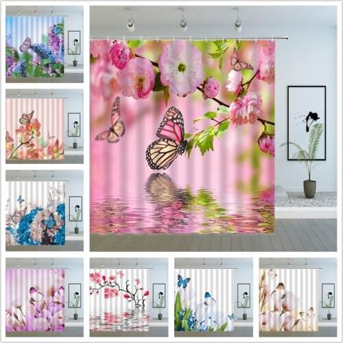 Flower Butterfly Shower Curtains Spring Colorful Floral Plant Scenery Bathroom Decor Waterproof Cloth Hanging Curtain Set Cheap