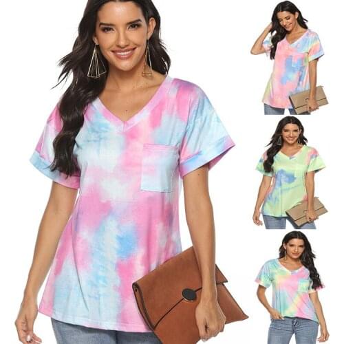 Women T-shirt Tie Dye Tops Tee Women Summer Short Sleeve 2021 harajuku aesthetic clothes egirl shirt femme streetwear v-neck tee