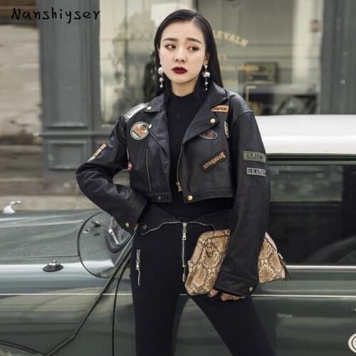 Women Short Fashion Motorcycle Faux PU Leather jacket Female Autumn Plus size Vintage Epaulette Applique Embroidery Leather coat