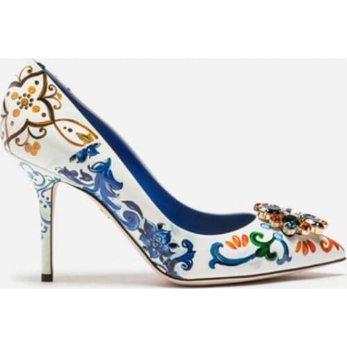 2019 sparkle diamond women classic printed high heels thin heel flower pumps party shoes Bohemian shoes point toe dress shoes