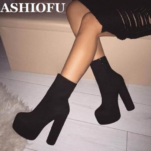 ASHIOFU Handmade New Women High Heel Platform Ankle Boots Sexy Striper Club Party Boots Evening Dressing Fashion Short Boots