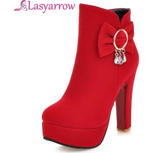 Lasyarrow Brand Shoes Woman High heels Wedding Shoes Fashion Rhinestone Buckle Bow Tie Ladies Ankle Boots Autumn Winter Footwear