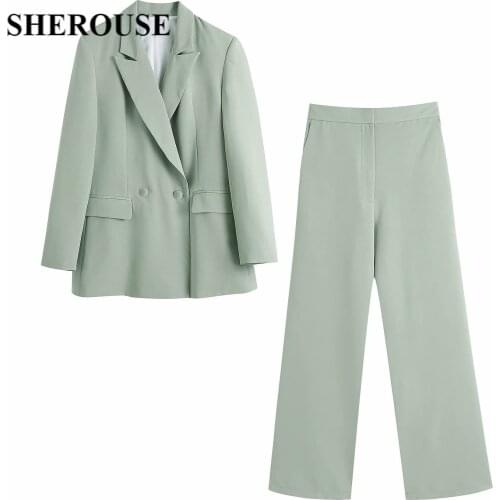2021 New Women 2 Pieces Set Long Sleeve Button Oversized Coat Long Trousers Suit Chic Lady Fashion Casual Women Clothes