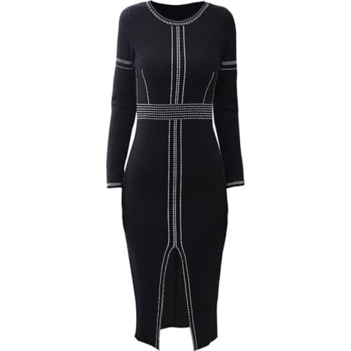 PERHAPS U Black And White O Neck Full Long Sleeve Geometric Knitted Knee Length Pencil Split Autumn Winter Dress Elegant D0753