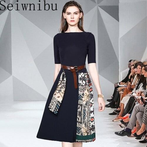 Seiwnibu Quality designer women winter dress long sleeve fashion knitting patchwork sweater dress vintage print pleated dress