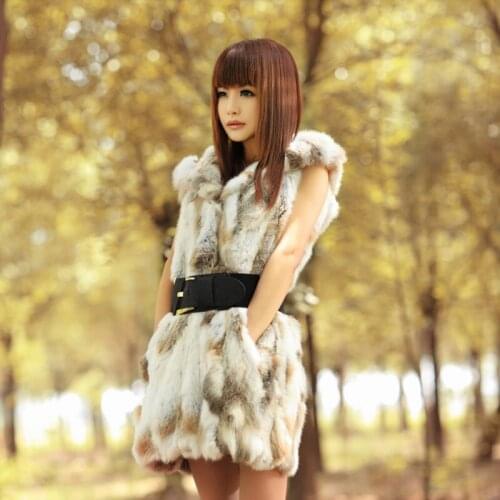 New Womens real genuine natural rabbit Fur vest with hood fashion Jacket gilet warm winter custom any size