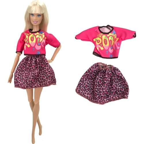 1 Set Doll Dress Red Shirt + Leopard Skirt Short Dress Outfit Fashion Skirt Clothes for Barbie Doll Dollhouse Accessories