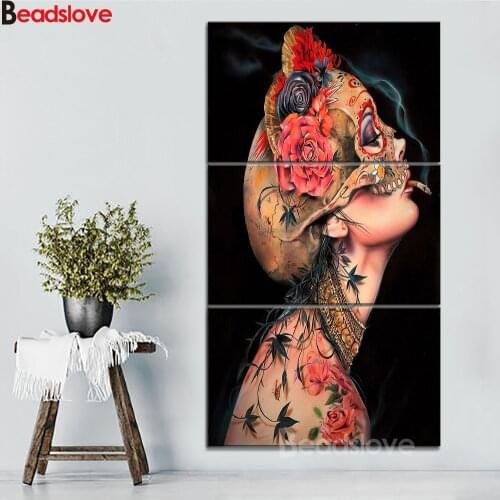 3 pcs Cigarette Dark Rose Sugar Skull Woman diy Diamond Embroidery sale mosaic,5d diamond painting cross stitch Triptych icon