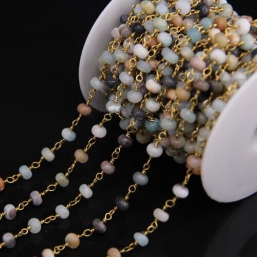 4x6mm,Matted Amazonite Rondelle Copper Chain,Brass Wire Wrapped with Natural stone Gems bead Rosary Chain