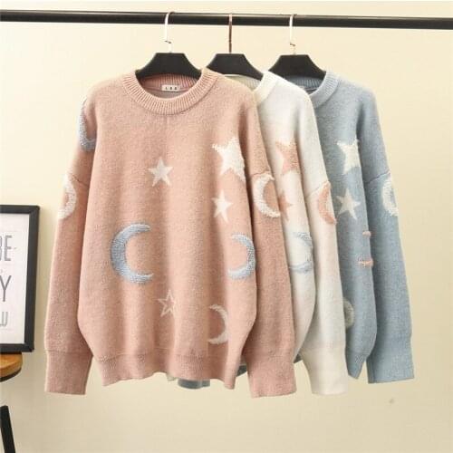 Oversize Autumn Winter Women Pullover Sweater Fashion Star Moon Pattern Knit Jumper Top Soft Warm Female Sweater Large size G813