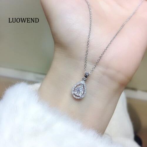 LUOWEND 18K Solid White Gold Pendant Necklace Real Natural Diamond Luxury Women Exquisite Engagement Wedding Gift Necklace