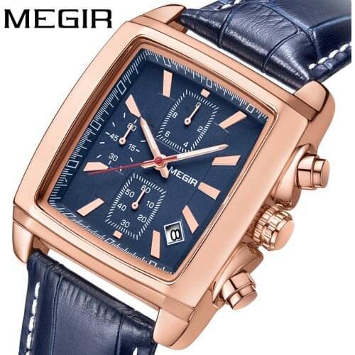 Top Brand MEGIR Official Watch Men Luxury Rectangle Quartz Military Watches Waterproof Luminous Leather Wristwatch Men New Clock