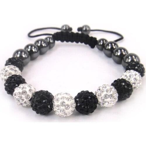 Black & White Inline Crystal Disco Ball Macrame Hematite magnetic Bracelet