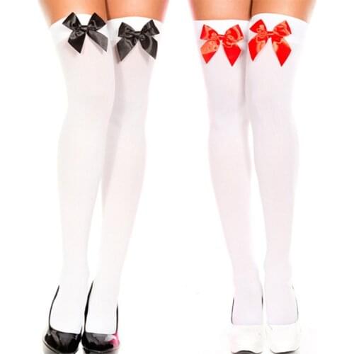New Sexy Stocking Woman Socks Bow Silk Stockings For Maid Nurse Costumes Over Knee Thigh High Stockings For Garter Sexy Apparel
