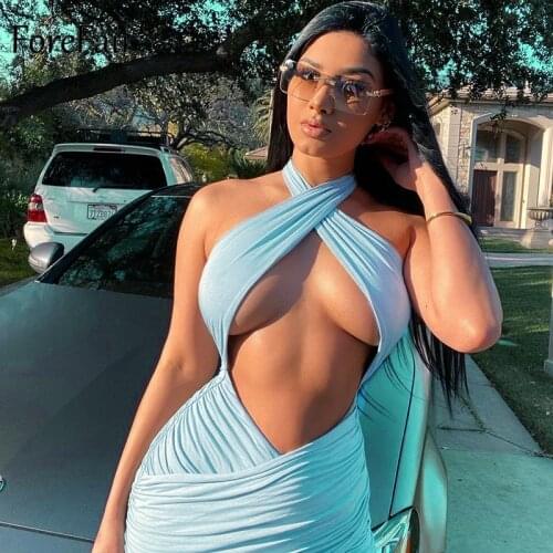 Forefair Women Sexy Hollow Bandage Cross Halter Mini Dress Party Fashion Hollow Out Slim Hip Off Shoulder Dress 2021