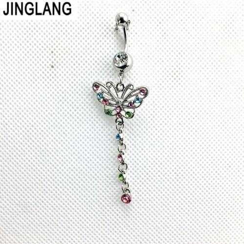JINGLANG Belly Button Rings 316L Stainless Steel Barbell Dangle Color Rhinestone Pierced Butterfly Navel Piercing Jewelry