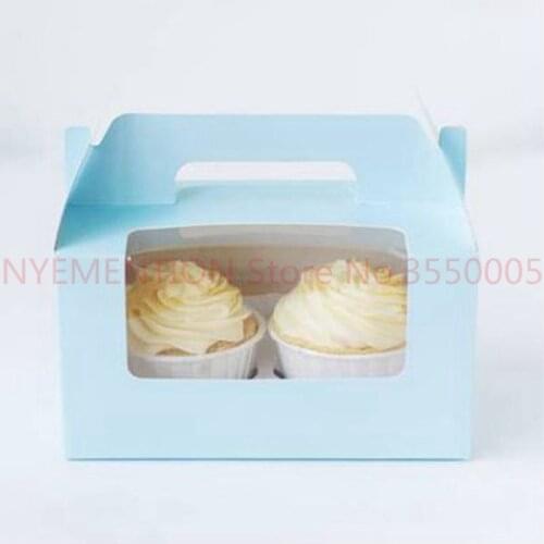 Cupcake Box With Window 2 Holes Cake Muffin Packing Boxes Wedding Birthday Pastry Gift Holder Packaging Supplies handle 200pcs