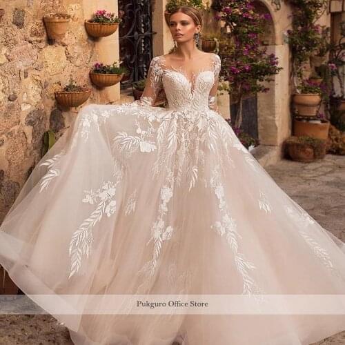 Lace Wedding Dresses Sheer Neck Long Sleeve Bridal Gowns robe de mariée A Line Bridal Gown Sweep Train Beach Bride Dress