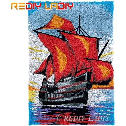 Latch Hook Kits Sailboat Scenery Chunky Yarn Embroidery Crocheting Tapestry Kits Needlework Arts & Crafts DIY Carpet Rug 58*86cm