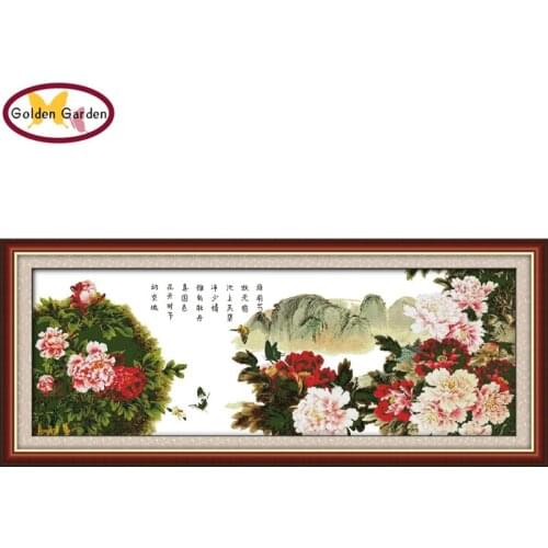 GG Peony Blooming with Wealth Cross Stitch Flower Embroidery Kits 11CT14CT Chinese Cross Stitch Painting Pattern for Home Decor