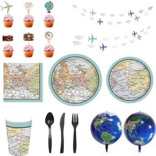 World Map Theme Disposable Tableware Set Paper Plates Cup Straw Spoon Fork Children Birthday Party Decorations Supplies