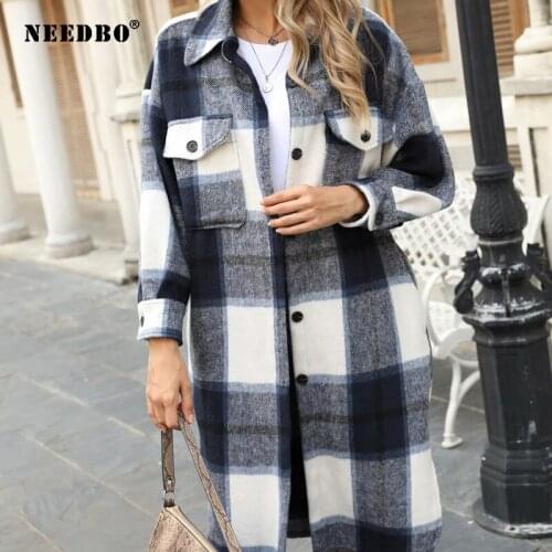 NEEDBO New Fall Winter Women Jacket Checked Tweed Coat Long Sleeves Oversized Thicken Casual Fashion Women Outfits Tops Outfits