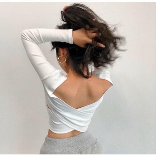New Long Sleeve High Waist Short T-shirt European And American Slim Sexy Cross Backless Elastic Bottoming T Shirt Women Tshirt