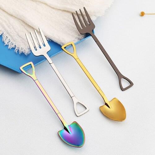 New Stainless Steel Shovel Shape Spoon Fork Picnic Travel Creative Multi-Color Ice Cream Spoon Fruit Fork Kitchen Accessories