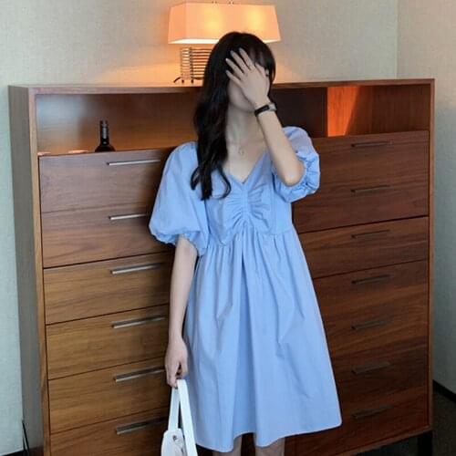 Dress Puff Sleeve Square Neck Blue Dress Ladies Summer New French Doll Dress First Love Little Dress